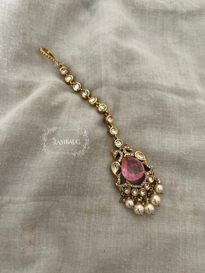 Vishaka Gold Plated Kundan Studded Peacock Motif Maang Tikka With Pearl Clusters By Ranibaug | Fancy Maang Tikka Jewelry For Wedding
