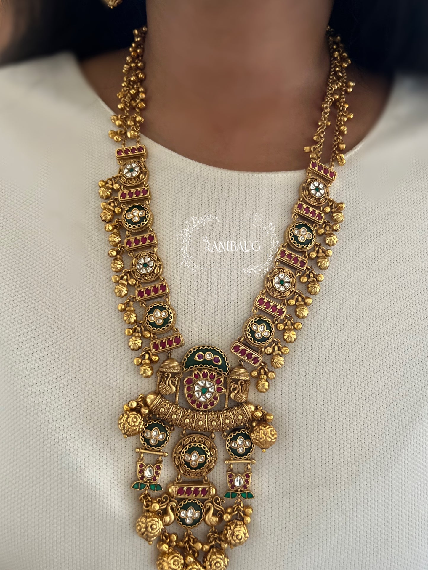 Vishaka Rich Gold Finish Peacock Lotus Motif Polki And Gold Fringe Statement Heritage Jewellery Set By Ranibaug