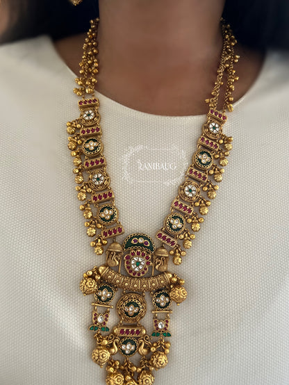 Vishaka Rich Gold Finish Peacock Lotus Motif Polki And Gold Fringe Statement Heritage Jewellery Set By Ranibaug