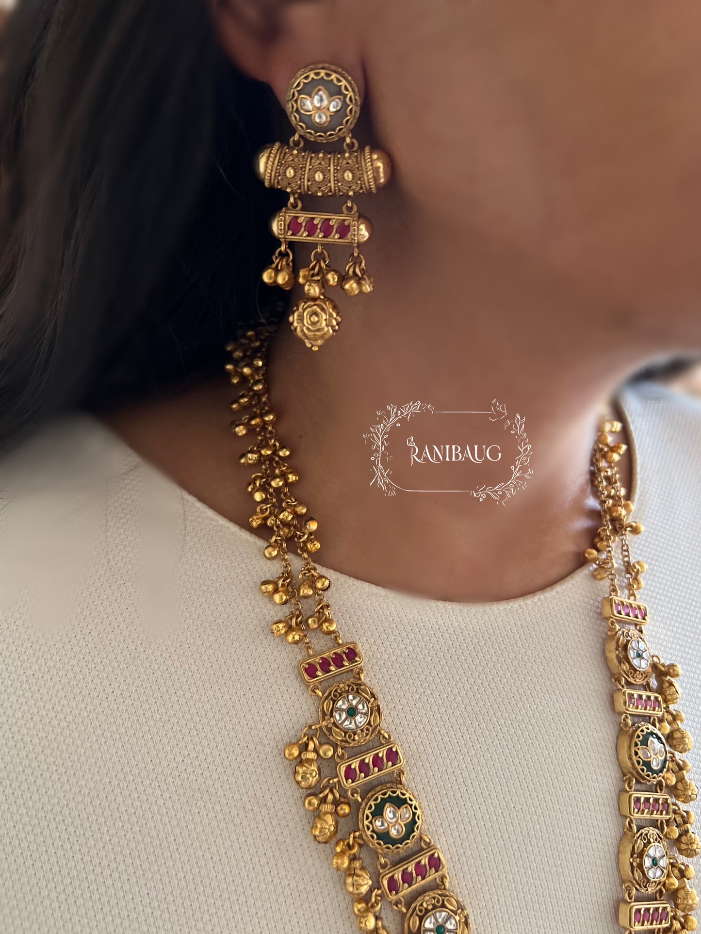Vishaka Rich Gold Finish Peacock Lotus Motif Polki And Gold Fringe Statement Heritage Jewellery Set By Ranibaug