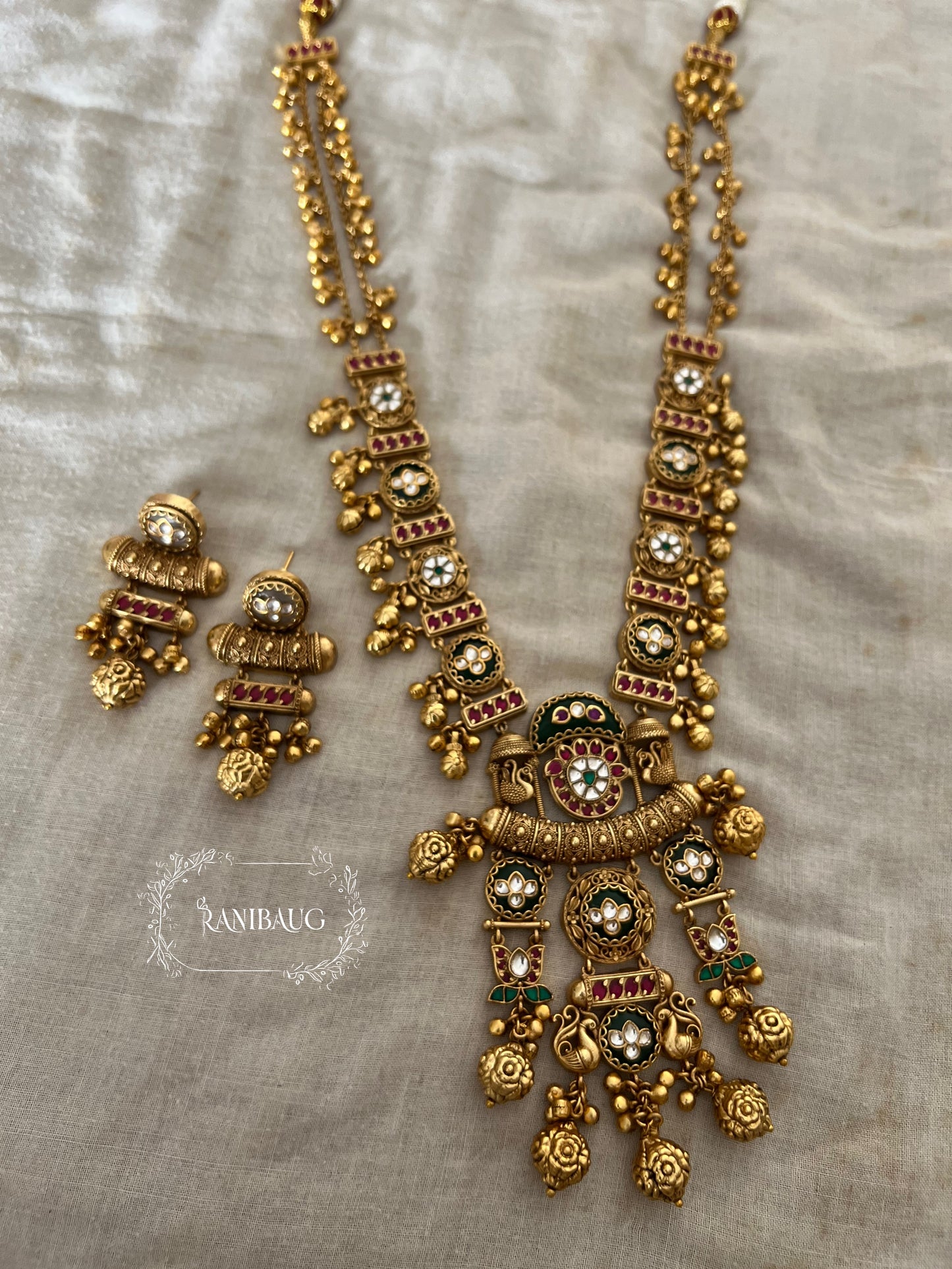 Vishaka Rich Gold Finish Peacock Lotus Motif Polki And Gold Fringe Statement Heritage Jewellery Set By Ranibaug