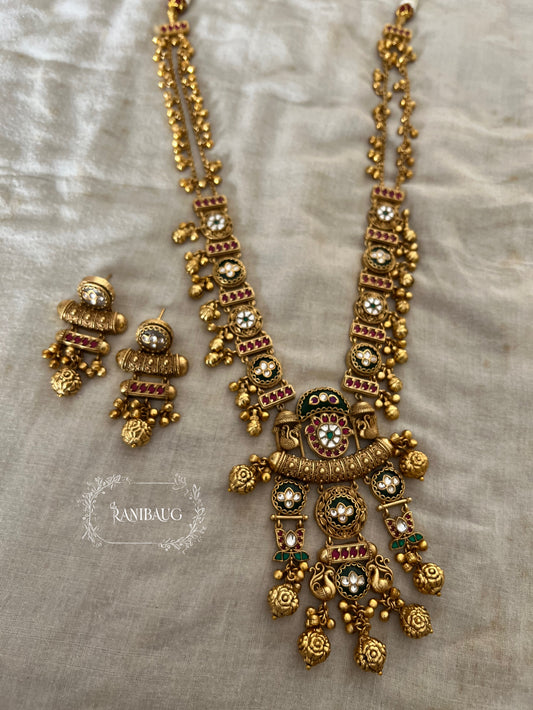Vishaka Rich Gold Finish Peacock Lotus Motif Polki And Gold Fringe Statement Heritage Jewellery Set By Ranibaug