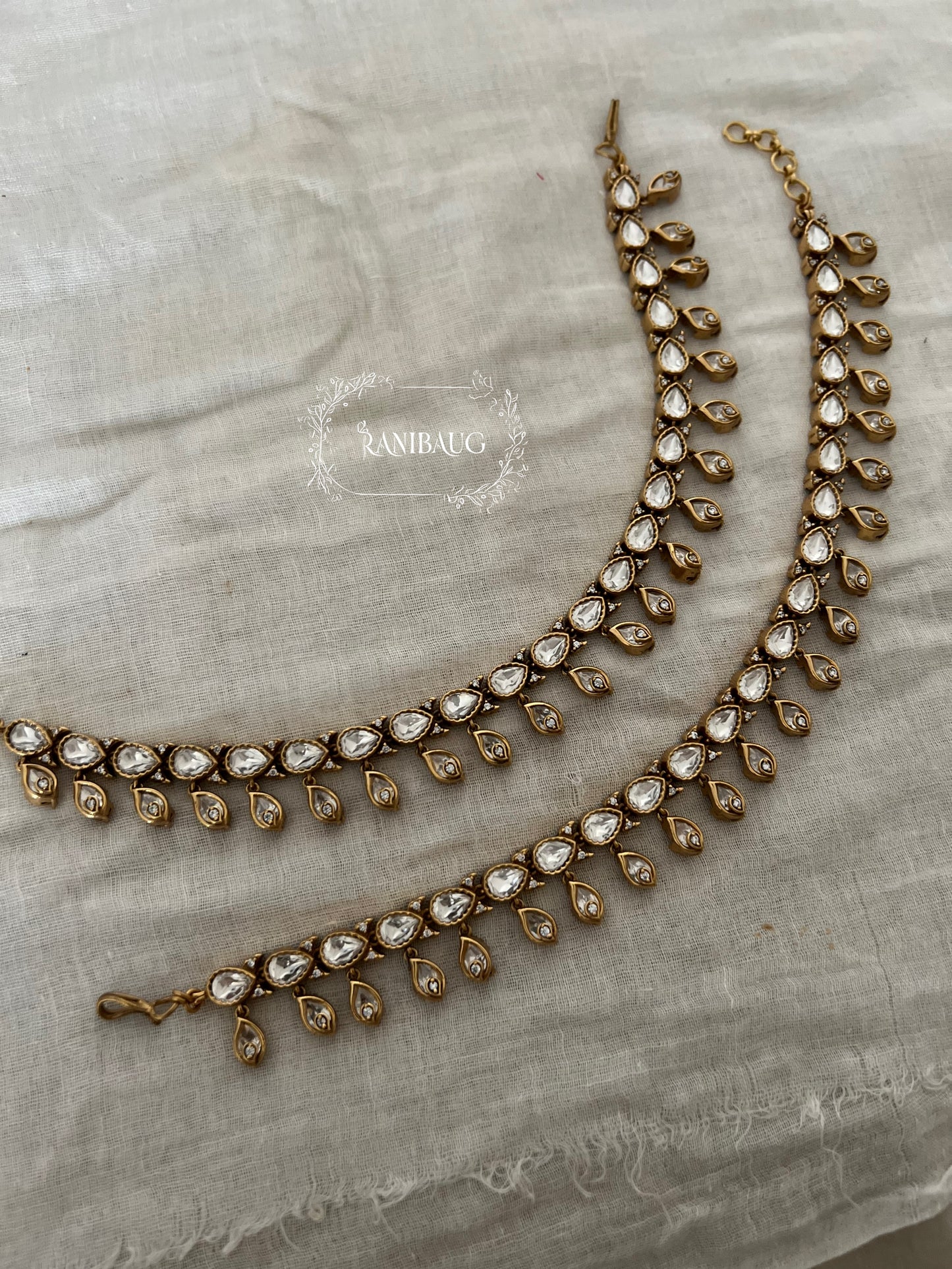 Vishakha Kundan Antique Gold Tone Drop Motif Payal Jewelry By Ranibaug
