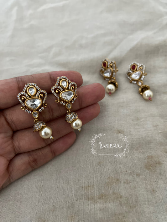 Vishana Floral Crown Polki Kundan Pearl Dangle Gold Finish Ear Studs By Ranibaug