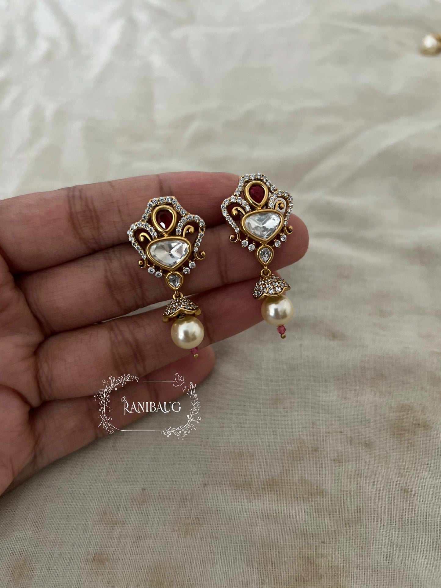 Vishana Floral Crown Polki Kundan Pearl Dangle Gold Finish Ear Studs By Ranibaug