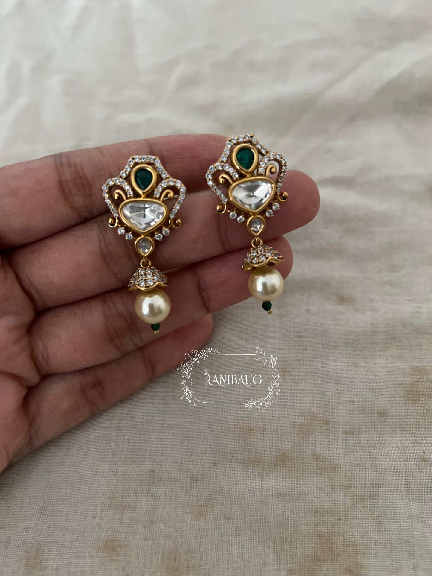 Vishana Floral Crown Polki Kundan Pearl Dangle Gold Finish Ear Studs By Ranibaug