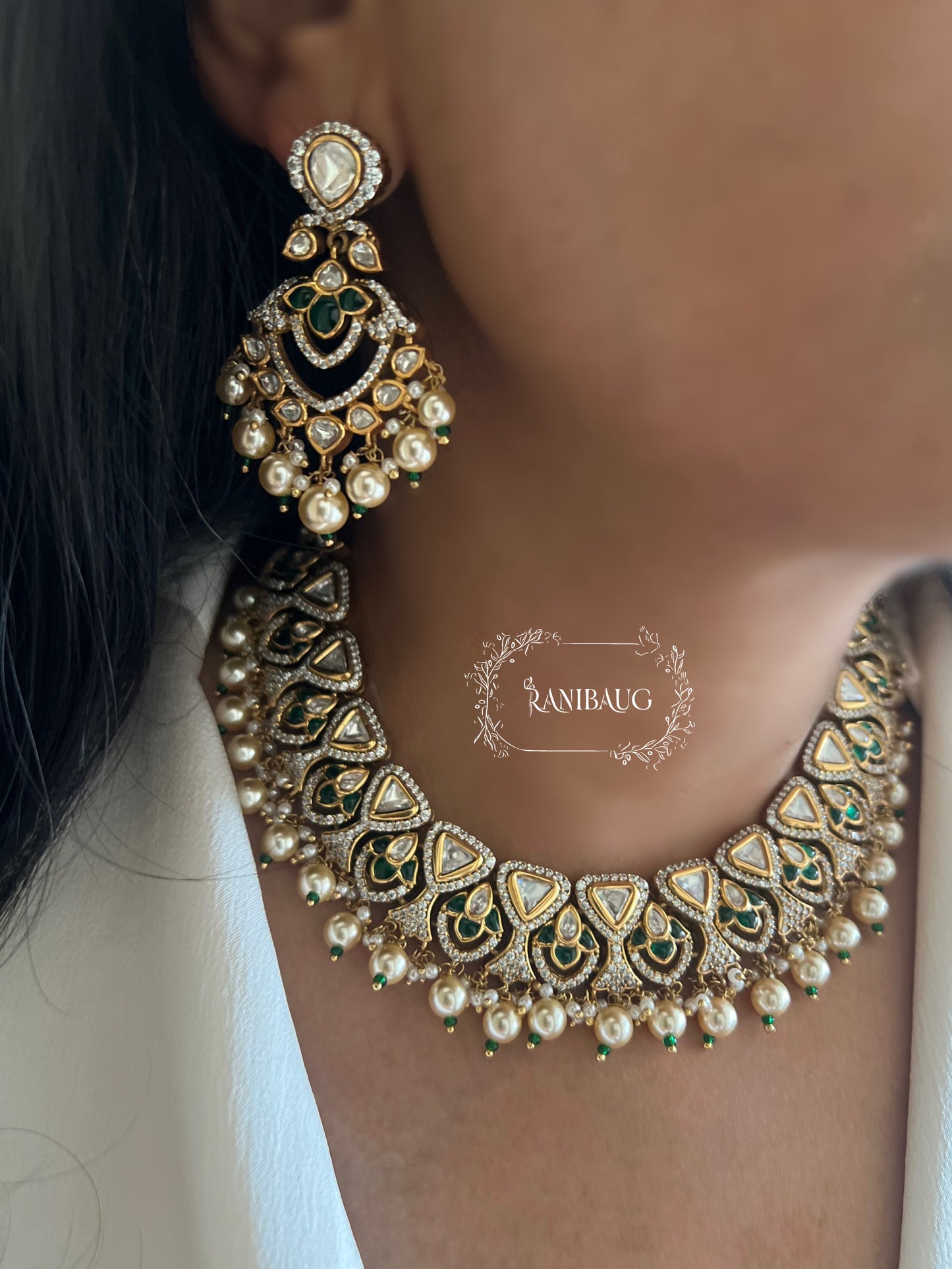 Vishika Royal Polki Pearl Necklace Set With Maang Tikka By Ranibaug