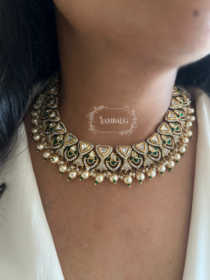 Vishika Royal Polki Pearl Necklace Set With Maang Tikka By Ranibaug
