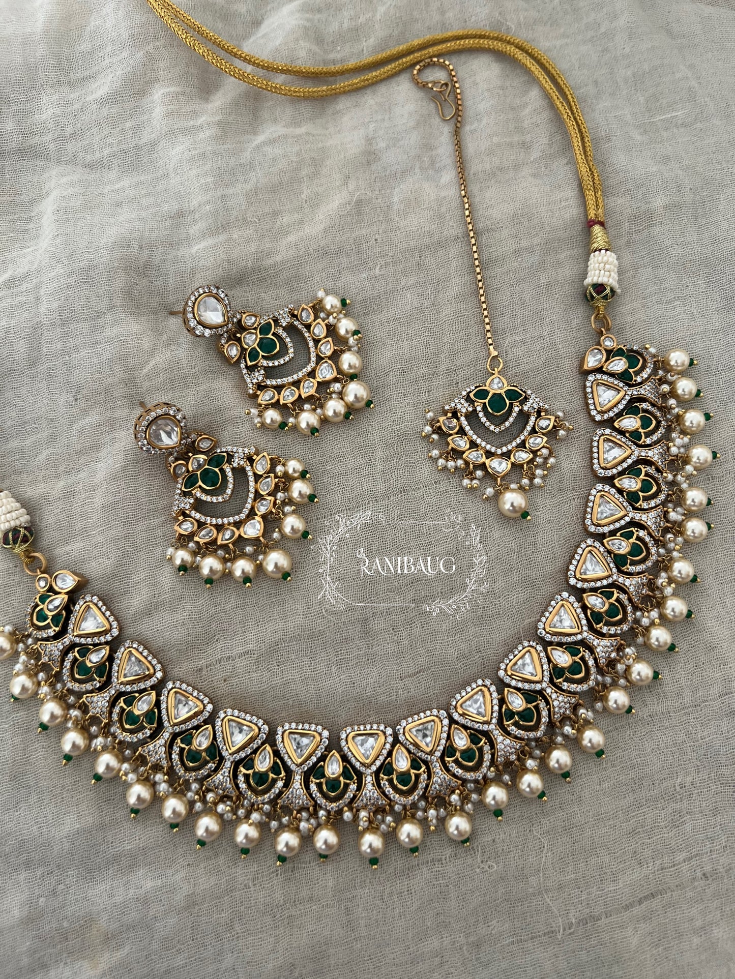 Vishika Royal Polki Pearl Necklace Set With Maang Tikka By Ranibaug