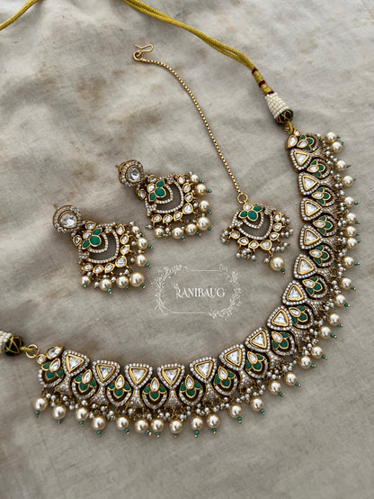 Vishika Royal Polki Pearl Necklace Set With Maang Tikka By Ranibaug