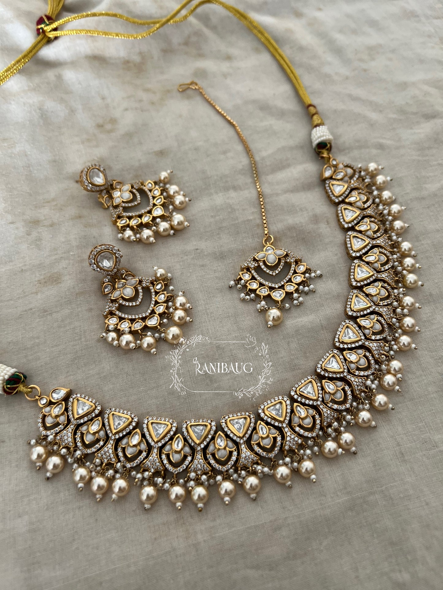 Vishika Royal Polki Pearl Necklace Set With Maang Tikka By Ranibaug
