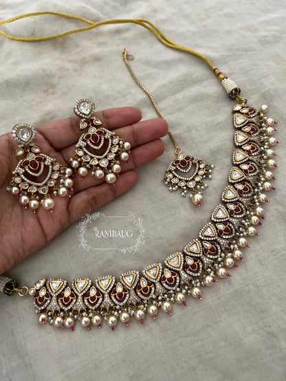 Vishika Royal Polki Pearl Necklace Set With Maang Tikka By Ranibaug