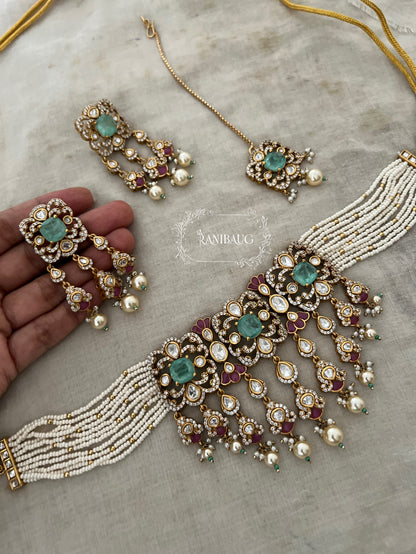 Viyara Rich Gold Finish Aqua Pearl Polki Fall Design Choker Set By Ranibaug
