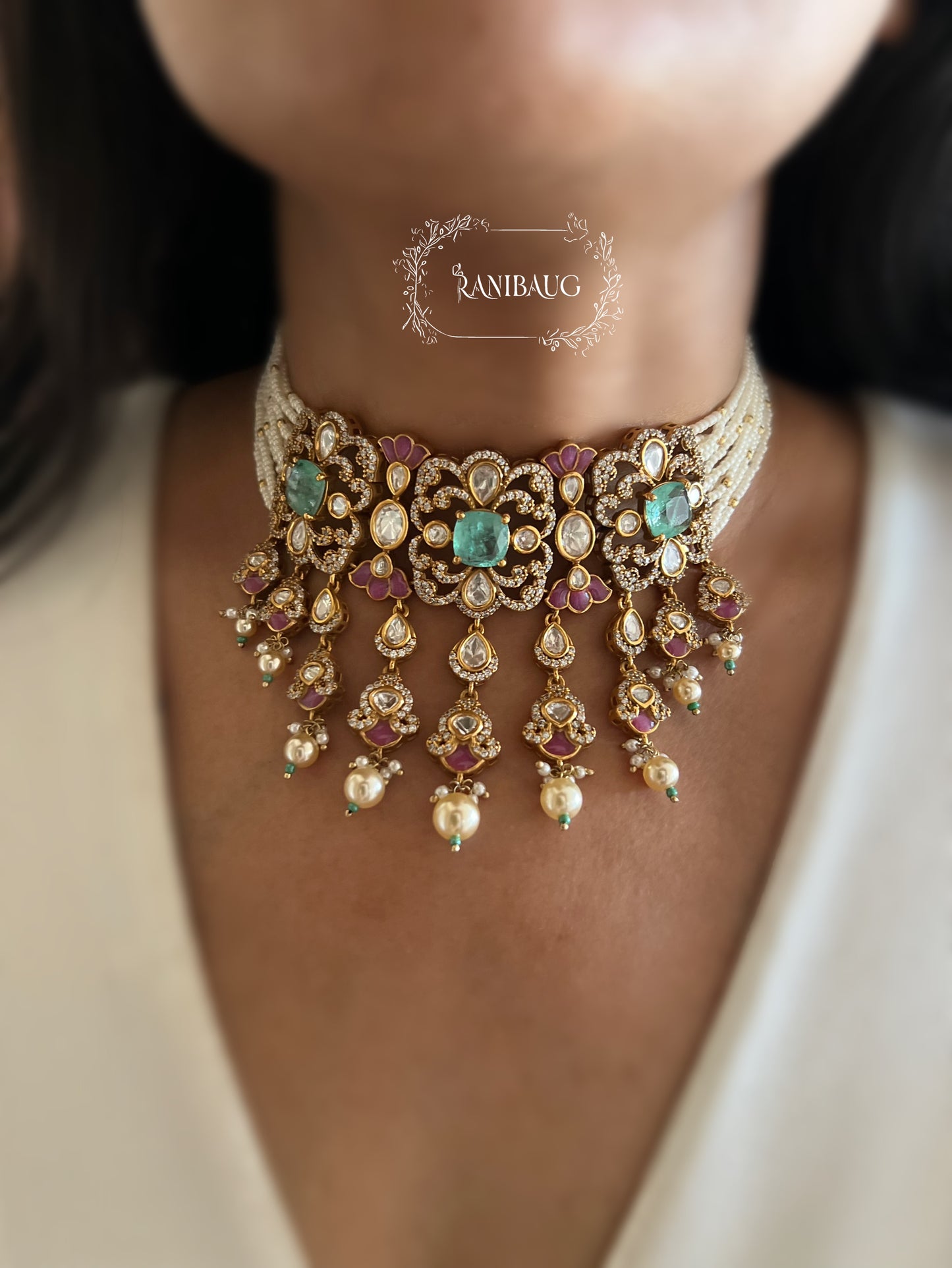 Viyara Rich Gold Finish Aqua Pearl Polki Fall Design Choker Set By Ranibaug
