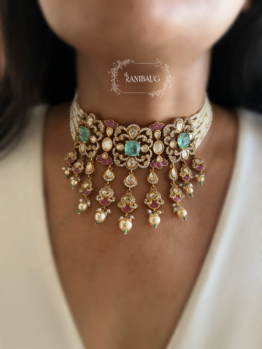 Viyara Rich Gold Finish Aqua Pearl Polki Fall Design Choker Set By Ranibaug