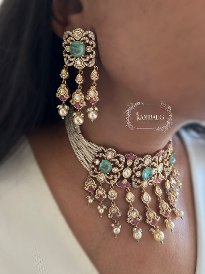 Viyara Rich Gold Finish Aqua Pearl Polki Fall Design Choker Set By Ranibaug