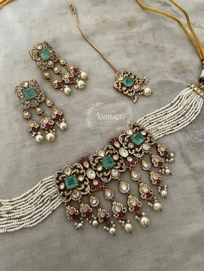 Viyara Rich Gold Finish Aqua Pearl Polki Fall Design Choker Set By Ranibaug