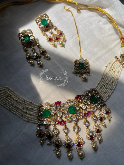Viyara Rich Gold Finish Aqua Pearl Polki Fall Design Choker Set By Ranibaug