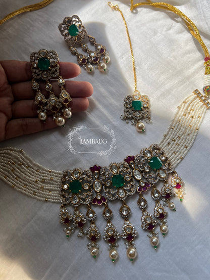 Viyara Rich Gold Finish Aqua Pearl Polki Fall Design Choker Set By Ranibaug