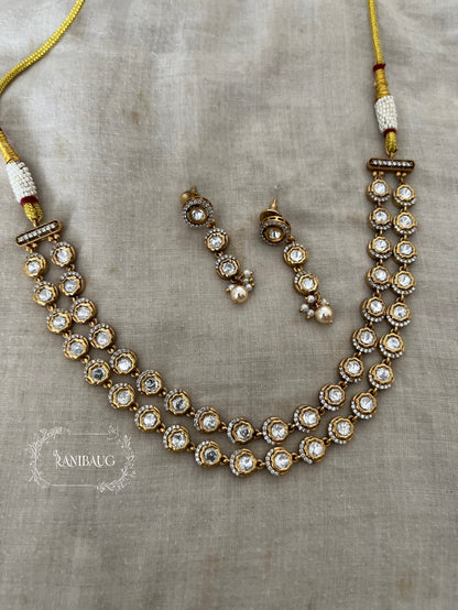 Vrintha Classic Double Layer Gold Finish Premium Polki Necklace Set By Ranibaug