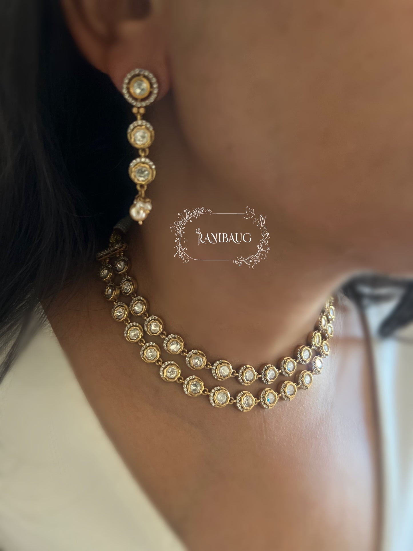 Vrintha Classic Double Layer Gold Finish Premium Polki Necklace Set By Ranibaug