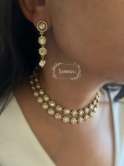Vrintha Classic Double Layer Gold Finish Premium Polki Necklace Set By Ranibaug