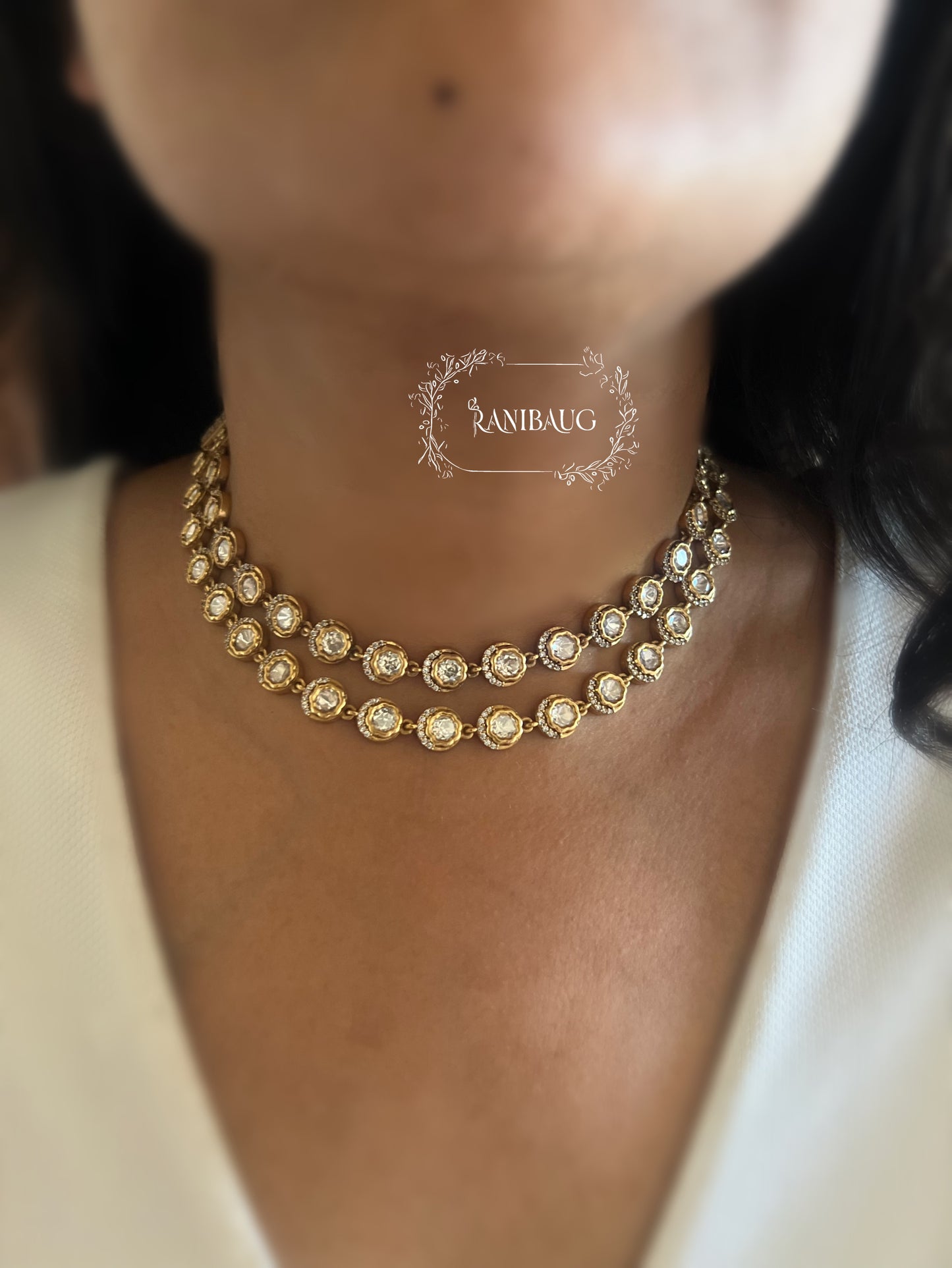 Vrintha Classic Double Layer Gold Finish Premium Polki Necklace Set By Ranibaug