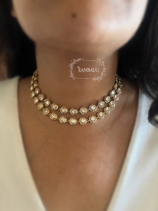 Vrintha Classic Double Layer Gold Finish Premium Polki Necklace Set By Ranibaug