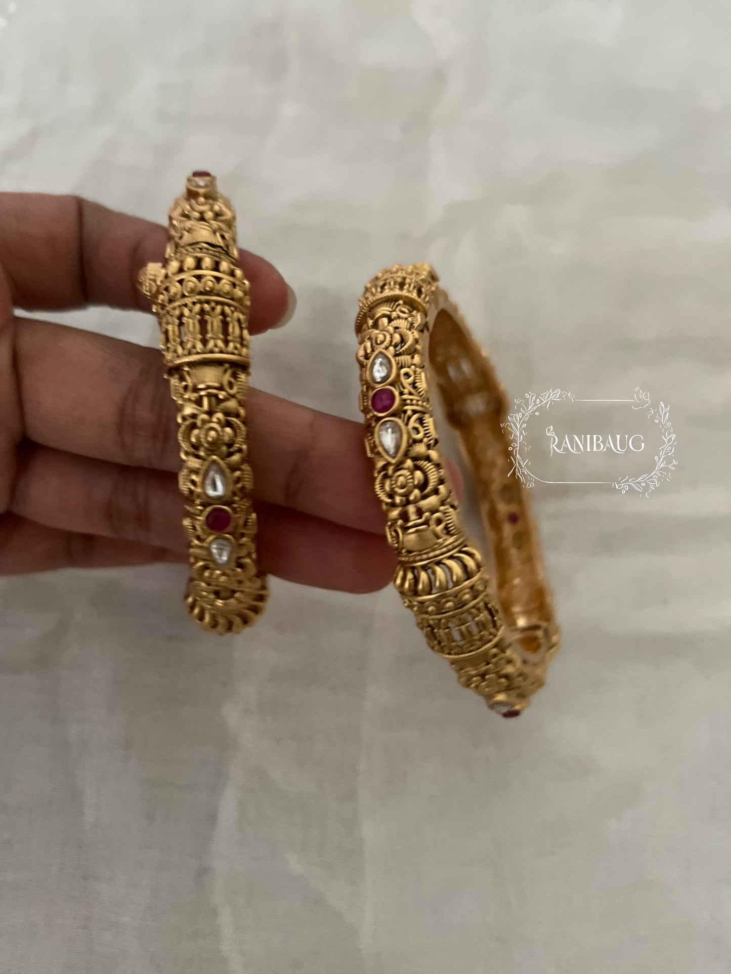 Rajanshi Polki Gold Finish Designer Heritage Bangle Pair By Ranibaug