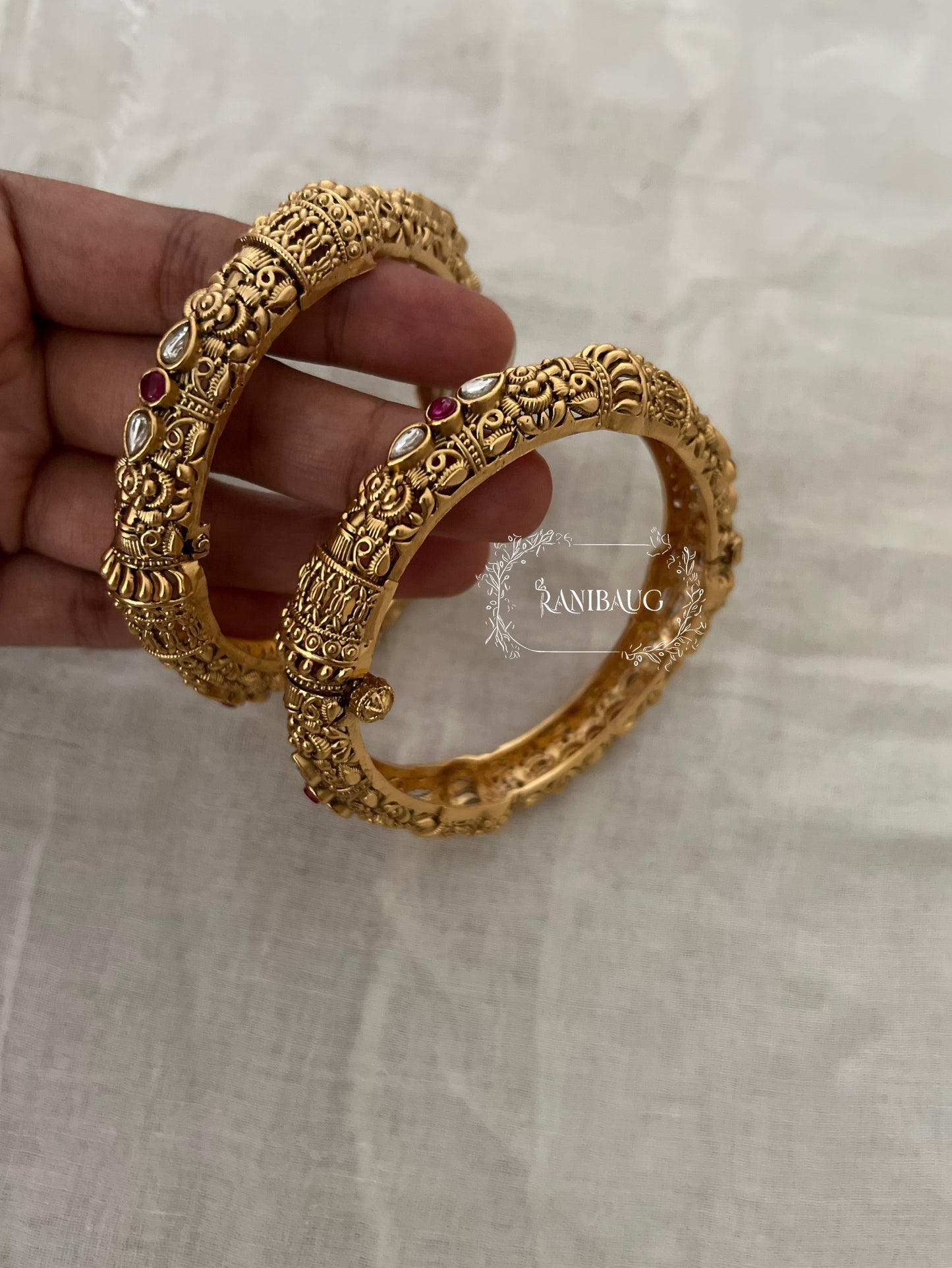 Rajanshi Polki Gold Finish Designer Heritage Bangle Pair By Ranibaug