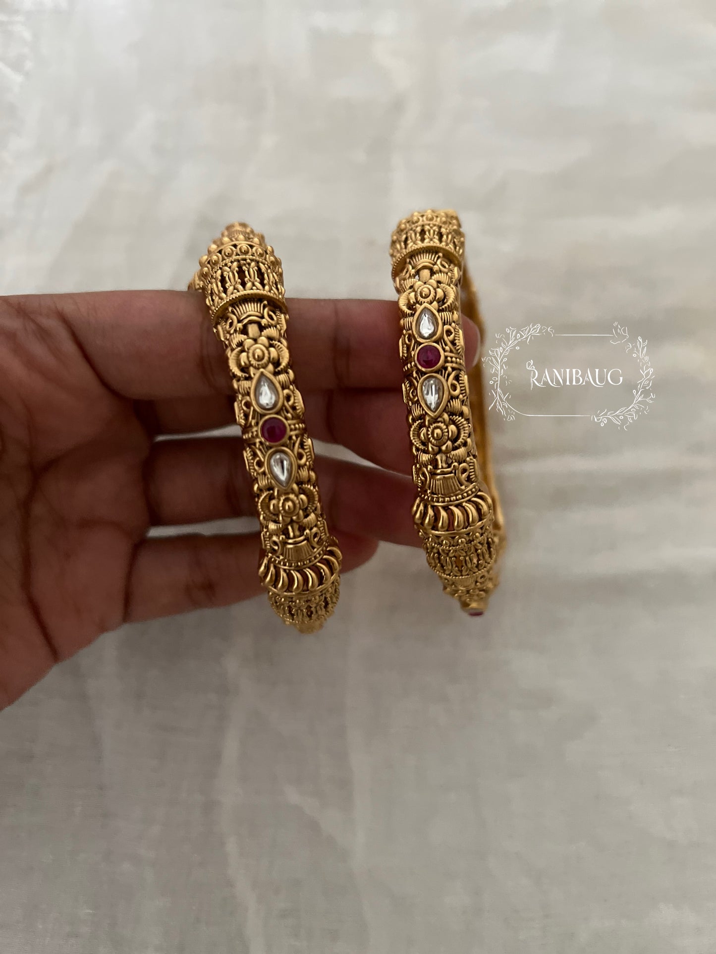 Rajanshi Polki Gold Finish Designer Heritage Bangle Pair By Ranibaug