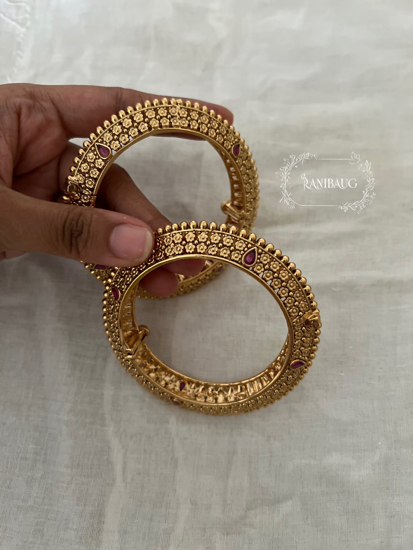 Vriti Floral Intricate Motif Gold Finish Heritage Bangle Pair By Ranibaug