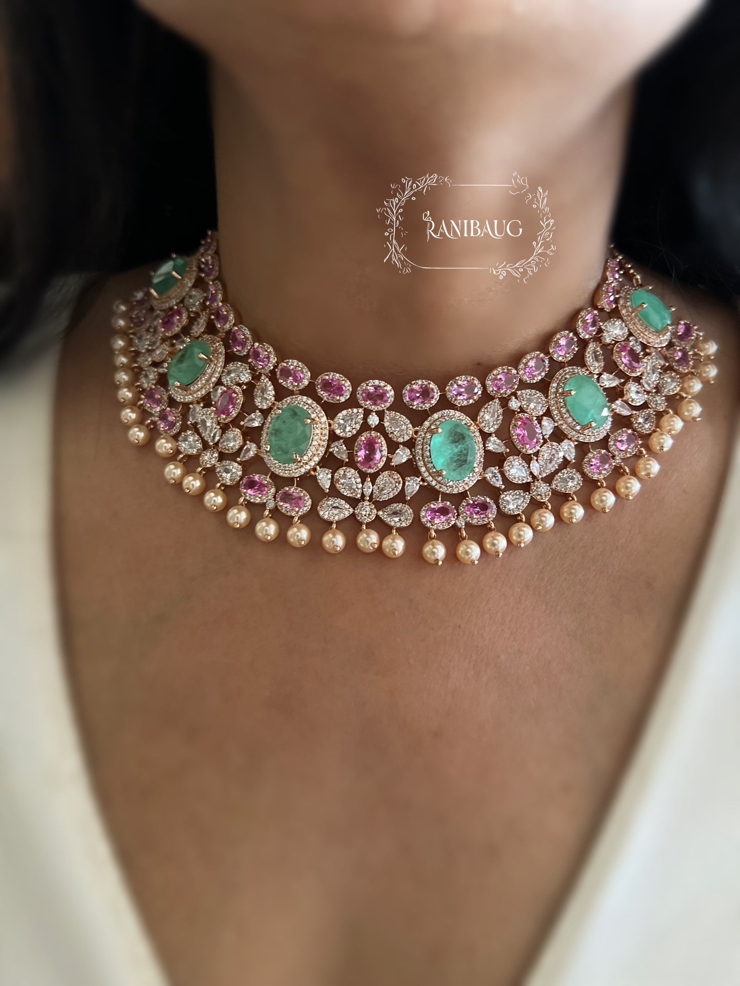 Vriti Gold Finish Pearl Adorned Royal Diamond Necklace Set By Ranibaug
