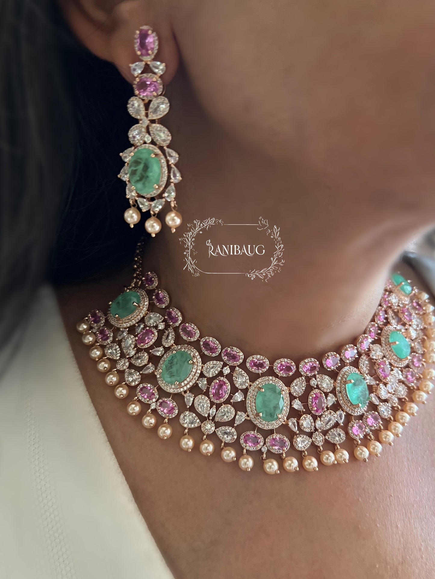 Vriti Gold Finish Pearl Adorned Royal Diamond Necklace Set By Ranibaug