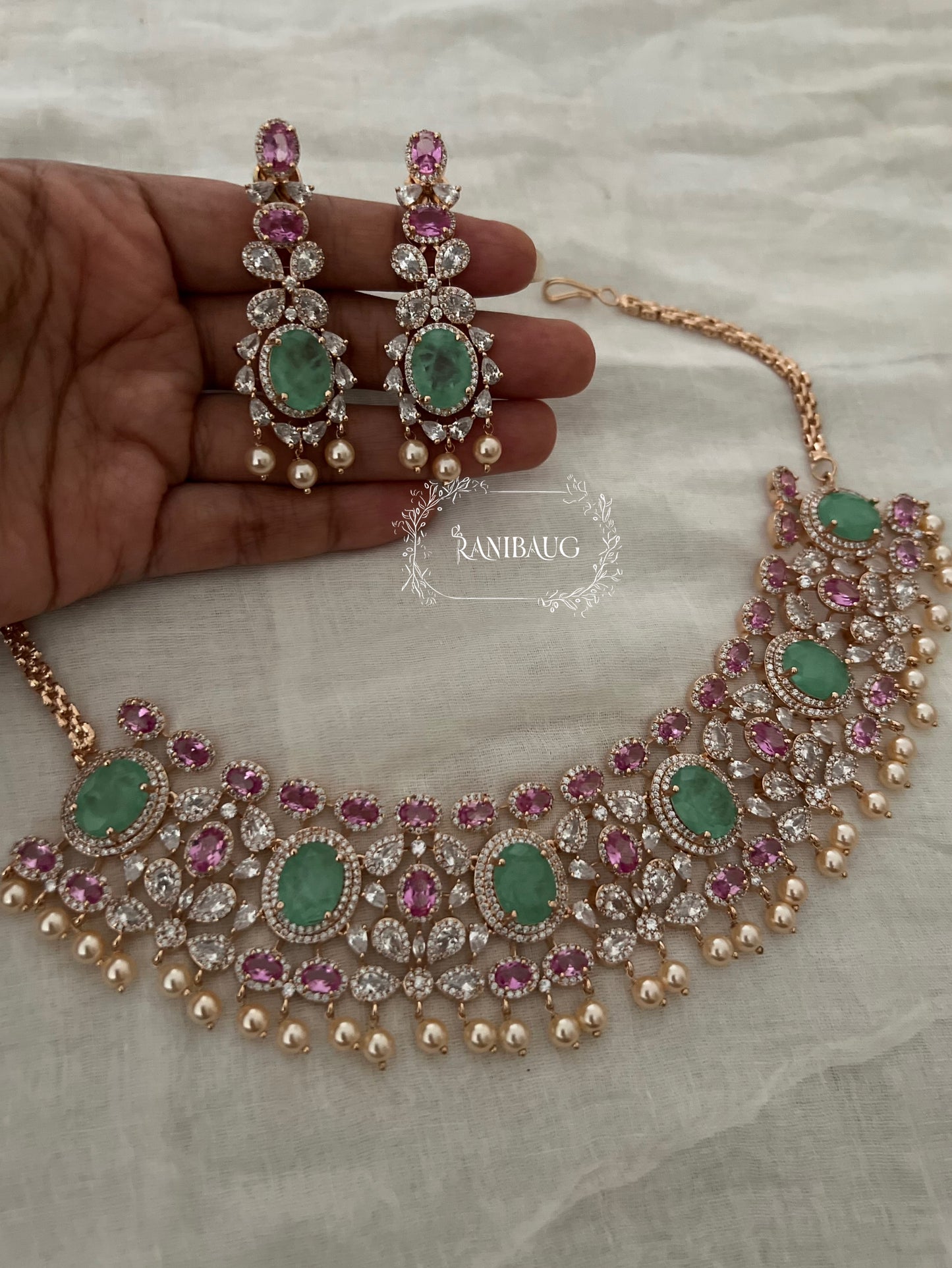 Vriti Gold Finish Pearl Adorned Royal Diamond Necklace Set By Ranibaug