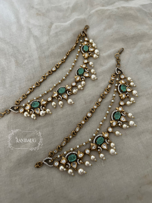 Vritika Antique Gold Finish Polki Studded Colored Stones Pearl Adorned Trendy Hair Jewelry Accessory Hair Chain By Ranibaug