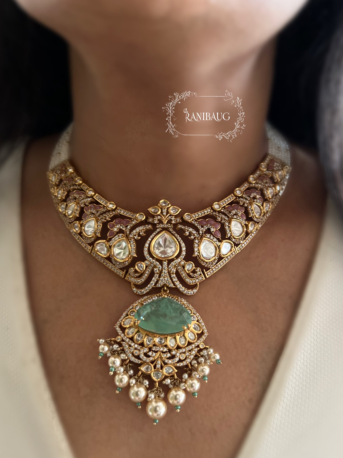 Vrushita Rich Gold Finish Polki Kundan Studded Pearl Adorned Royal Jewellery Set By Ranibaug