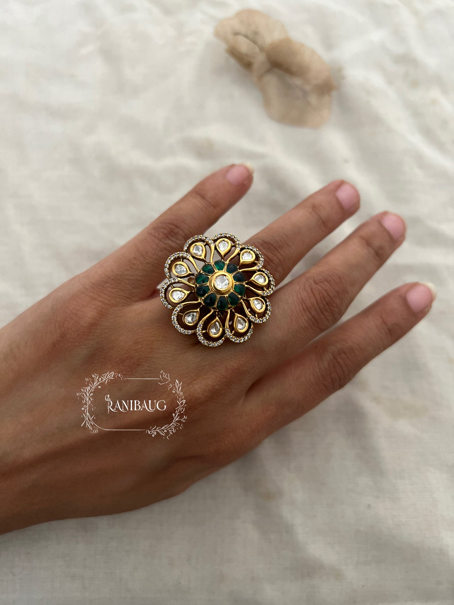 Vrushti Floral Motif Chakra Inspired Statement Polki Kundan Ring Jewellery By Ranibaug