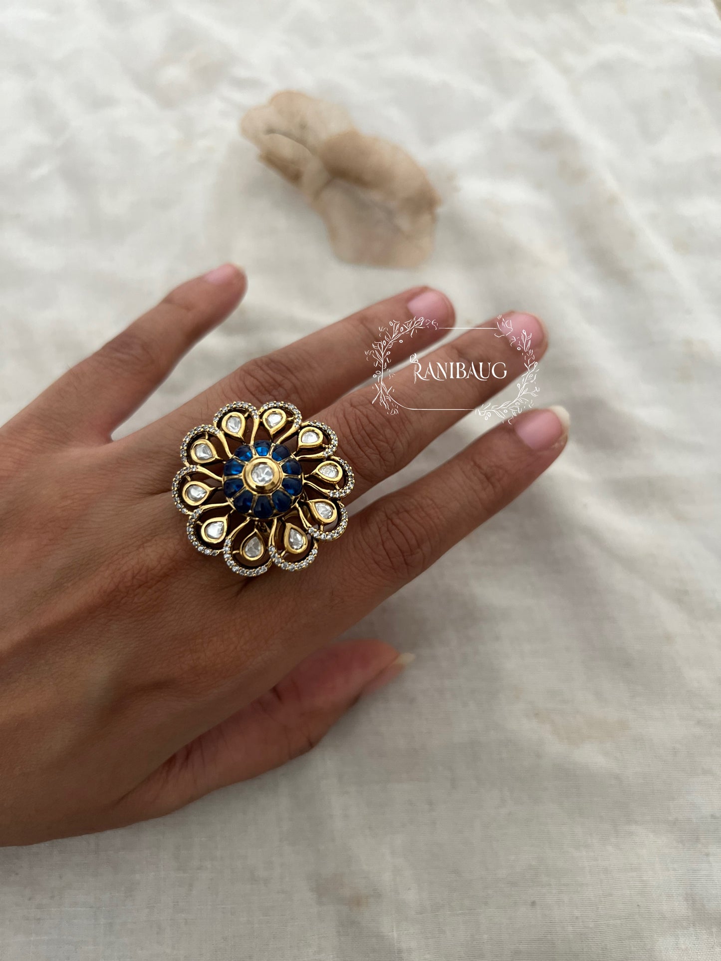 Vrushti Floral Motif Chakra Inspired Statement Polki Kundan Ring Jewellery By Ranibaug