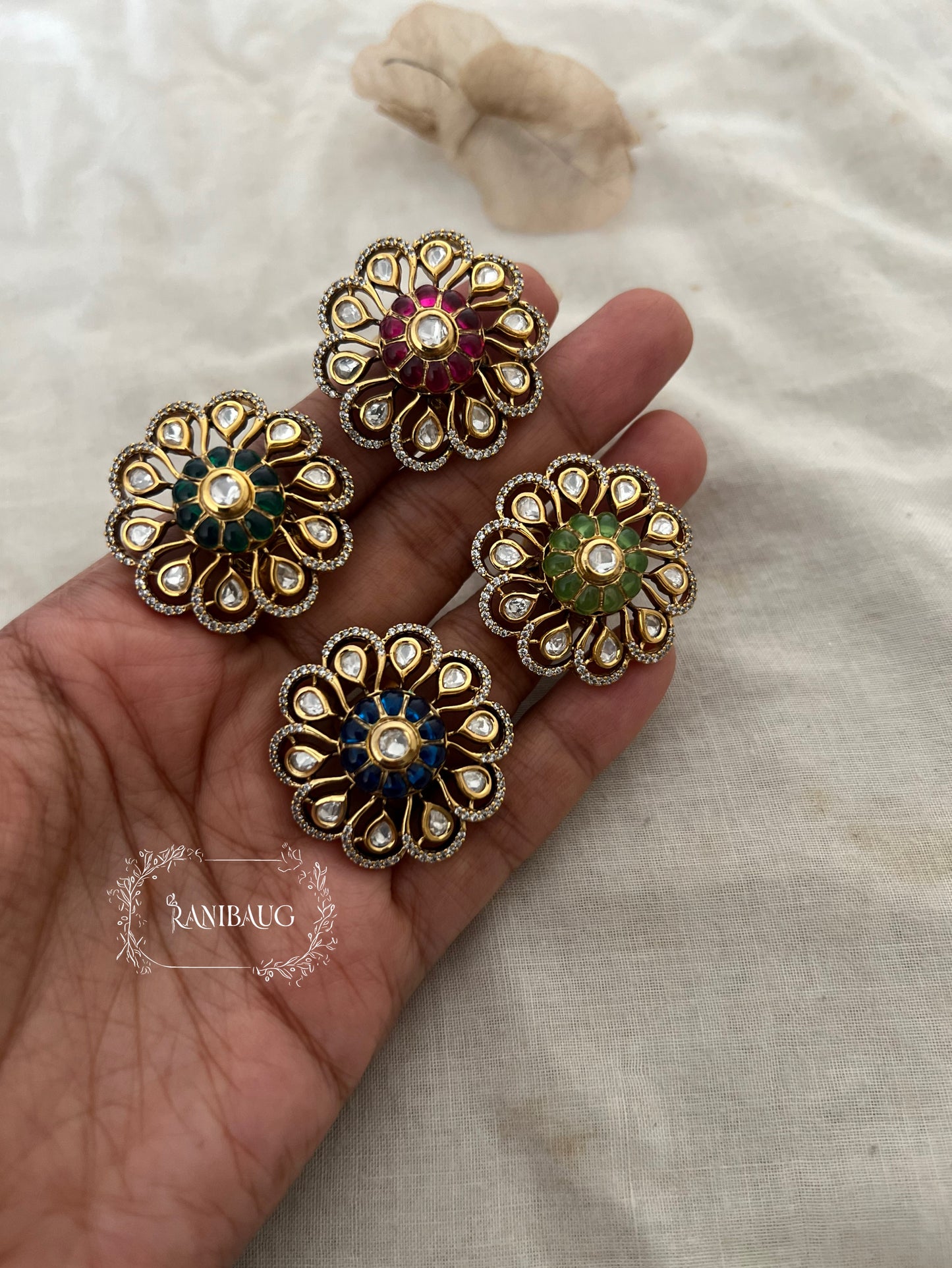 Vrushti Floral Motif Chakra Inspired Statement Polki Kundan Ring Jewellery By Ranibaug