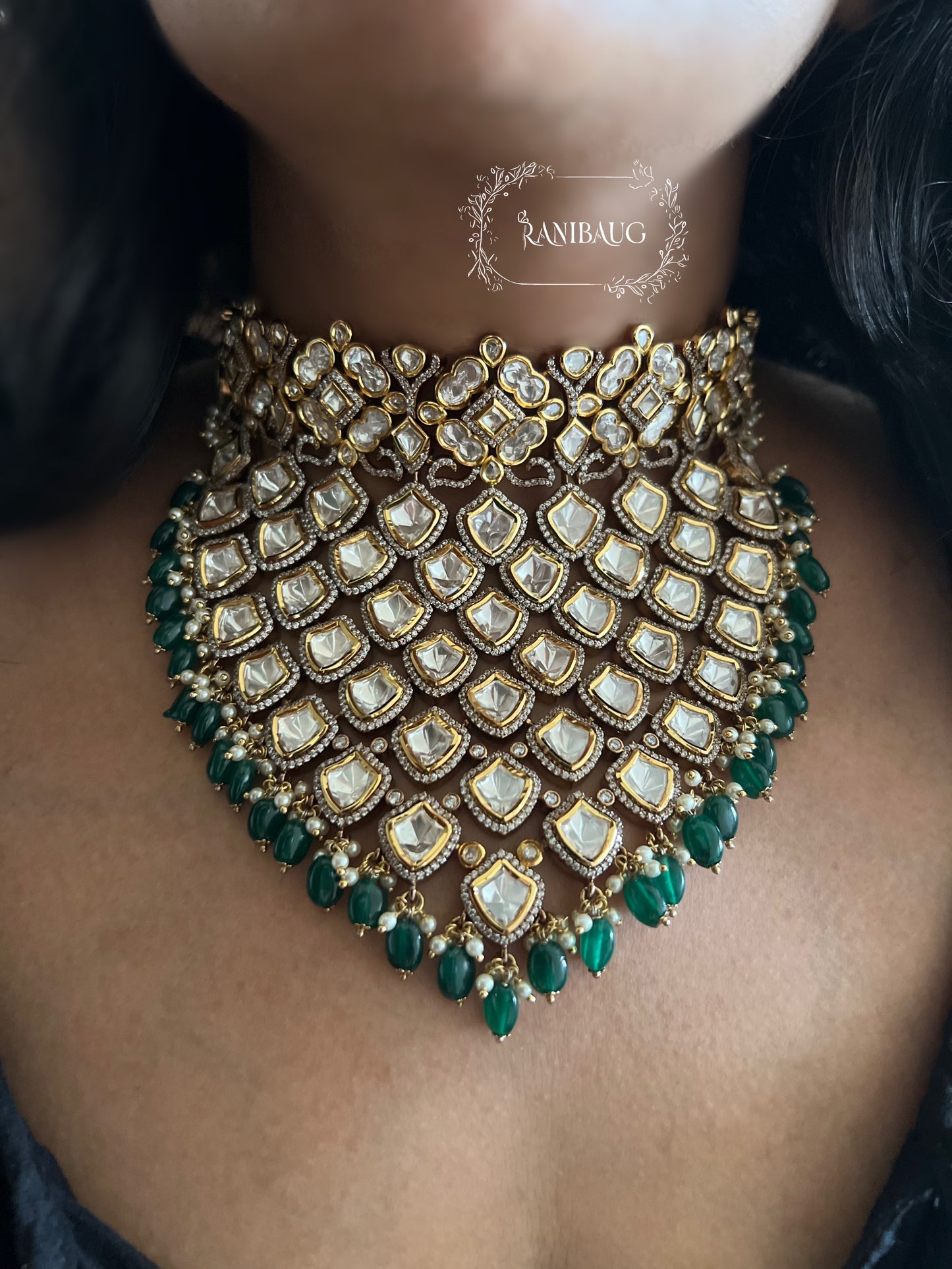 Vrushti Polki Studded Luxury Emerald Beaded Choker Necklace By Ranibaug | Wedding Jewellery Set 2025