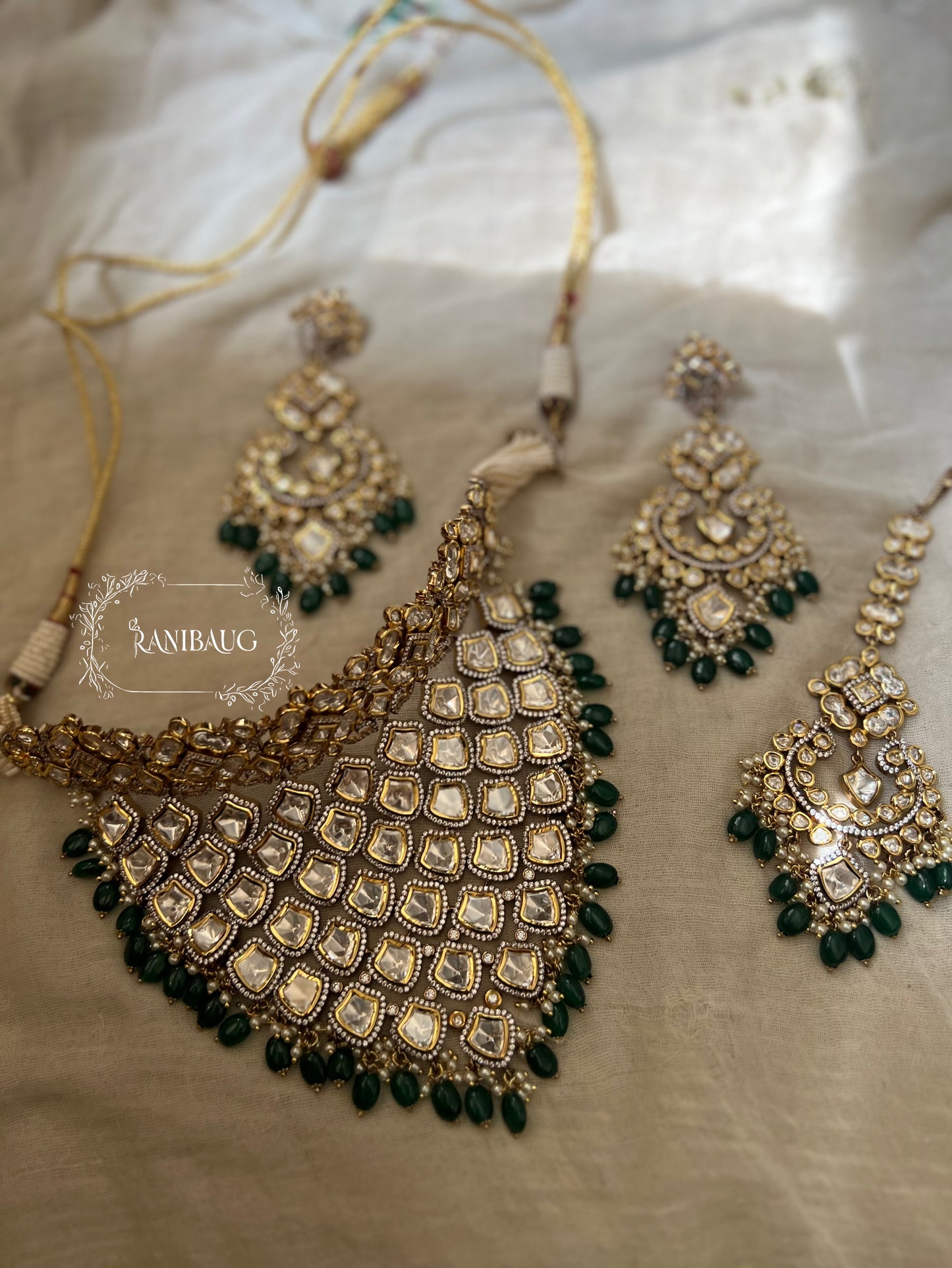 Vrushti Polki Studded Luxury Emerald Beaded Choker Necklace By Ranibaug | Wedding Jewellery Set 2025