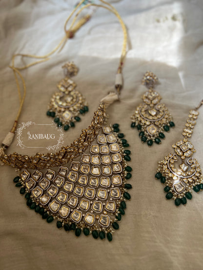 Vrushti Polki Studded Luxury Emerald Beaded Choker Necklace By Ranibaug | Wedding Jewellery Set 2025