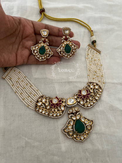 Vrutti Polki Studded Gold Finish Enamel Floral Pearl Strand Choker Necklace Set By Ranibaug
