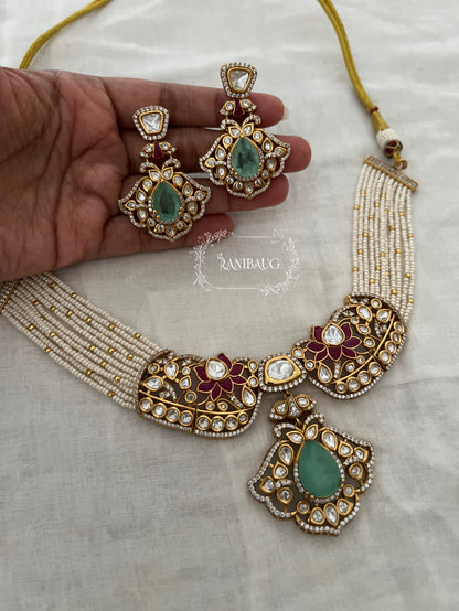 Vrutti Polki Studded Gold Finish Enamel Floral Pearl Strand Choker Necklace Set By Ranibaug