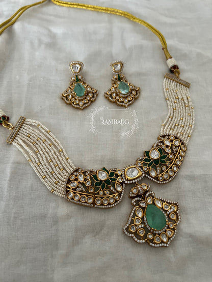 Vrutti Polki Studded Gold Finish Enamel Floral Pearl Strand Choker Necklace Set By Ranibaug