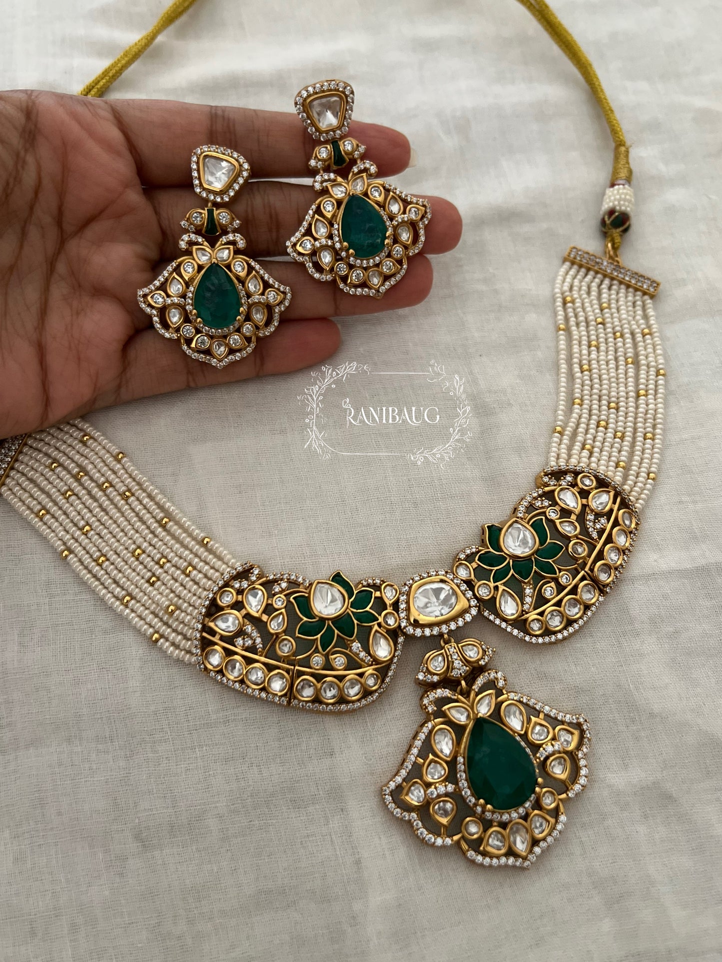 Vrutti Polki Studded Gold Finish Enamel Floral Pearl Strand Choker Necklace Set By Ranibaug