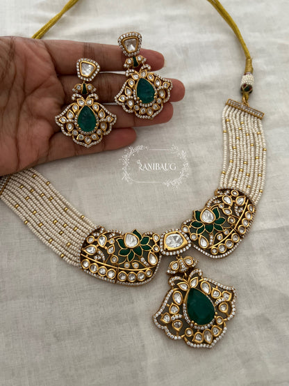 Vrutti Polki Studded Gold Finish Enamel Floral Pearl Strand Choker Necklace Set By Ranibaug