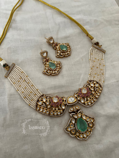 Vrutti Polki Studded Gold Finish Enamel Floral Pearl Strand Choker Necklace Set By Ranibaug