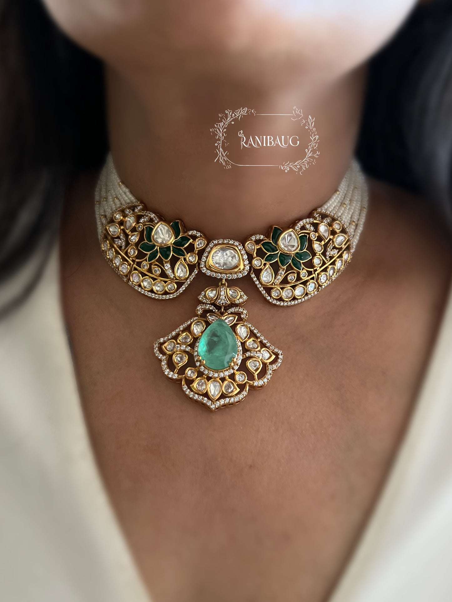 Vrutti Polki Studded Gold Finish Enamel Floral Pearl Strand Choker Necklace Set By Ranibaug